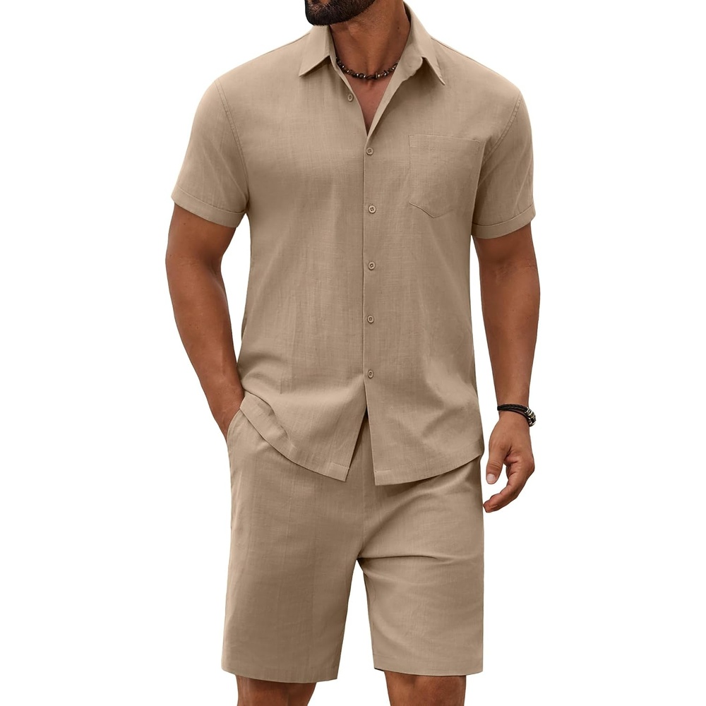 image:imageCOOFANDY Mens 2 Piece Outfit Summer Shorts Sets Short Sleeve Cotton ShirtsKhaki