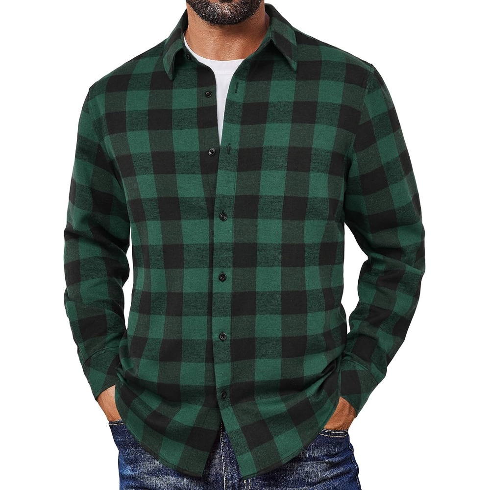 image:imageCOOFANDY Mens Flannel Shirts Long Sleeve Plaid Button Down Shirts CasualGreen Checkered