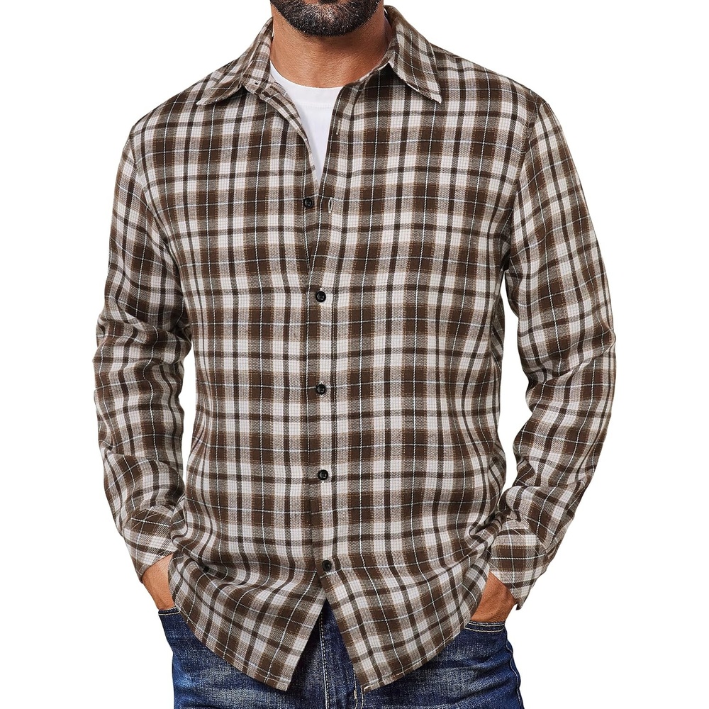 image:imageCOOFANDY Mens Flannel Shirts Long Sleeve Plaid Button Down Shirts CasualKhaki Plaid