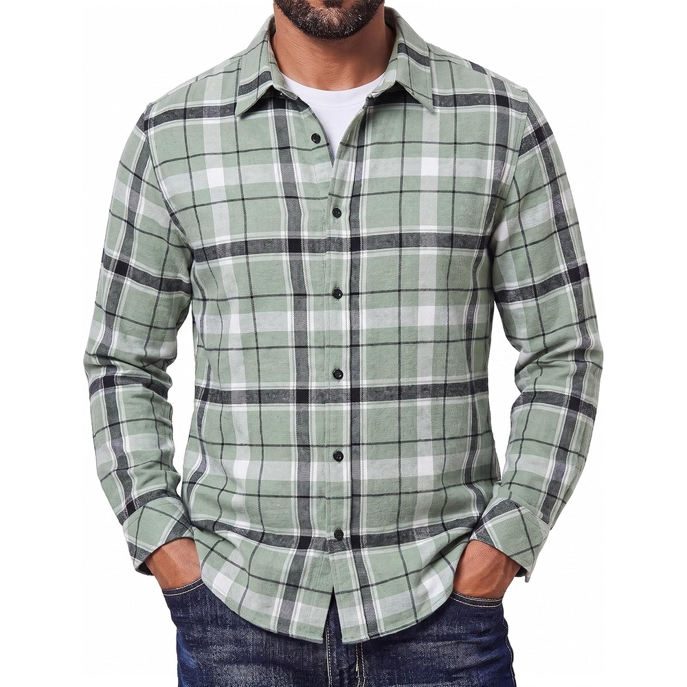 image:imageCOOFANDY Mens Flannel Shirts Long Sleeve Plaid Button Down Shirts CasualLight Green
