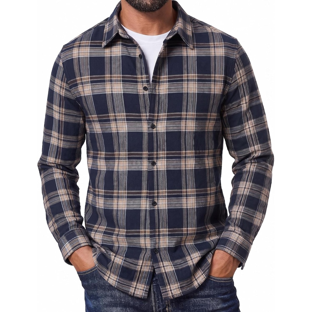 image:imageCOOFANDY Mens Flannel Shirts Long Sleeve Plaid Button Down Shirts CasualNavy Tan Plaid