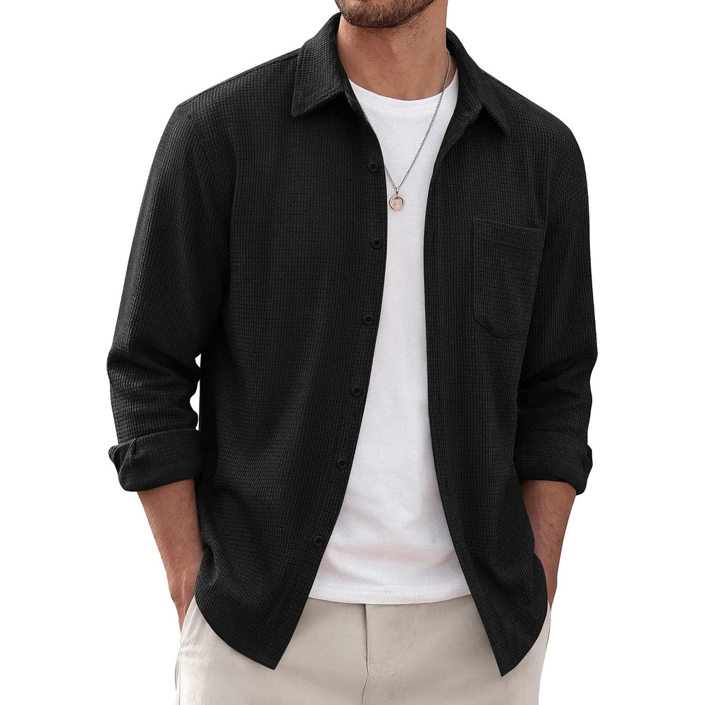 image:imageCOOFANDY Mens Waffle Shirt Jacket Casual Overshirt Long Sleeve Lightweight Textured Shacket with PocketBlack
