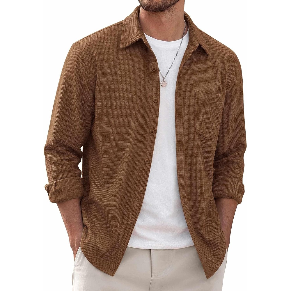 image:imageCOOFANDY Mens Waffle Shirt Jacket Casual Overshirt Long Sleeve Lightweight Textured Shacket with PocketBrown