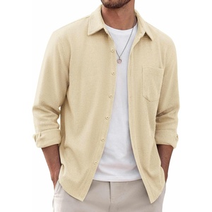 COOFANDY Men’s Waffle Shirt Jacket Casual Overshirt Long Sleeve Lightweight Textured Shacket with Pocket(Caramel)