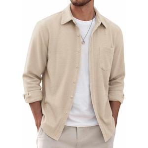 COOFANDY Men’s Waffle Shirt Jacket Casual Overshirt Long Sleeve Lightweight Textured Shacket with Pocket(Light Khaki)