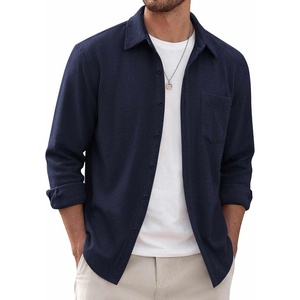 COOFANDY Men’s Waffle Shirt Jacket Casual Overshirt Long Sleeve Lightweight Textured Shacket with Pocket(Navy Blue)
