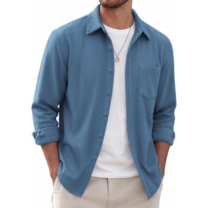 COOFANDY Men’s Waffle Shirt Jacket Casual Overshirt Long Sleeve Lightweight Textured Shacket with Pocket(Sea Blue)