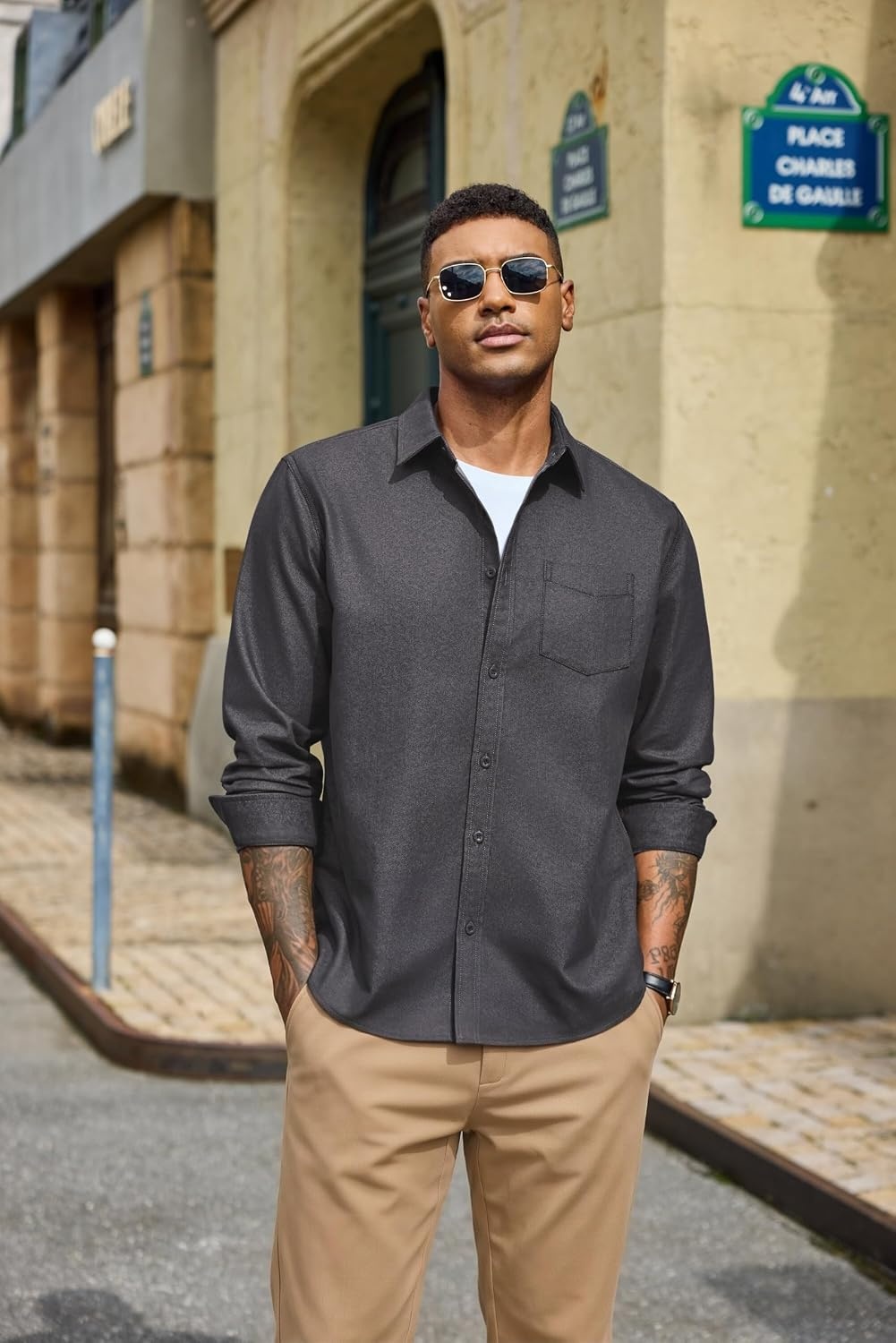 image:imageCOOFANDY Mens Heavyweight Denim Shirt Long Sleeve Button Down Jean JacketDark Grey