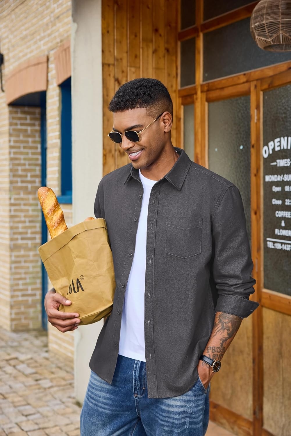 image:imageCOOFANDY Mens Heavyweight Denim Shirt Long Sleeve Button Down Jean JacketDark Grey