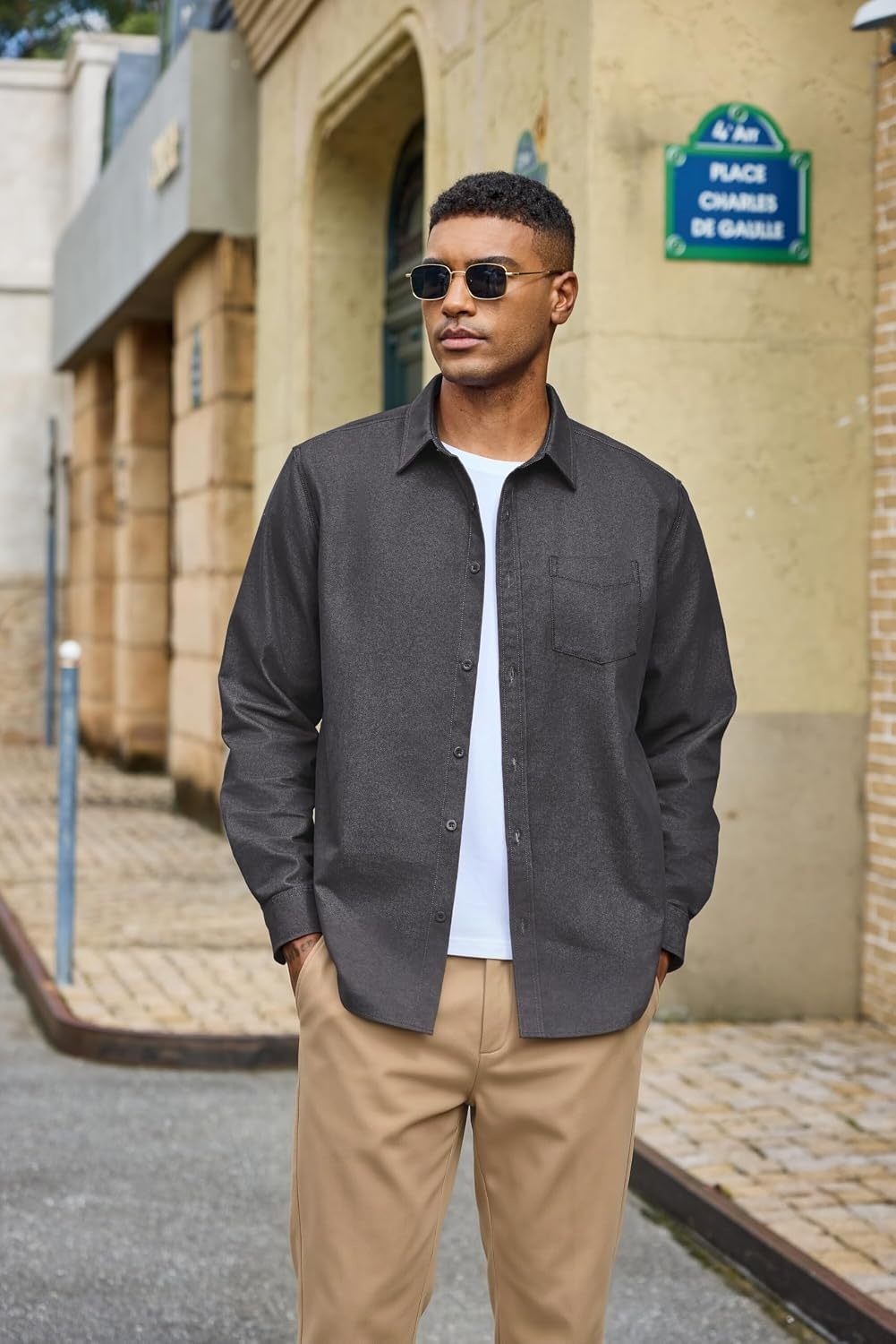image:imageCOOFANDY Mens Heavyweight Denim Shirt Long Sleeve Button Down Jean JacketDark Grey