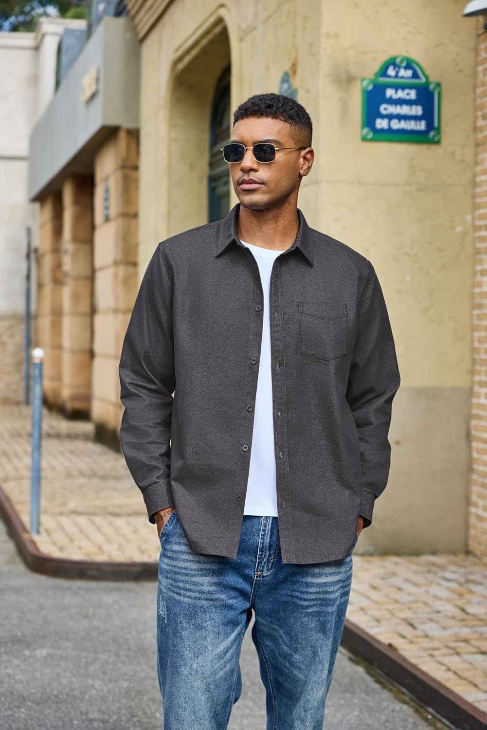 image:imageCOOFANDY Mens Heavyweight Denim Shirt Long Sleeve Button Down Jean JacketDark Grey