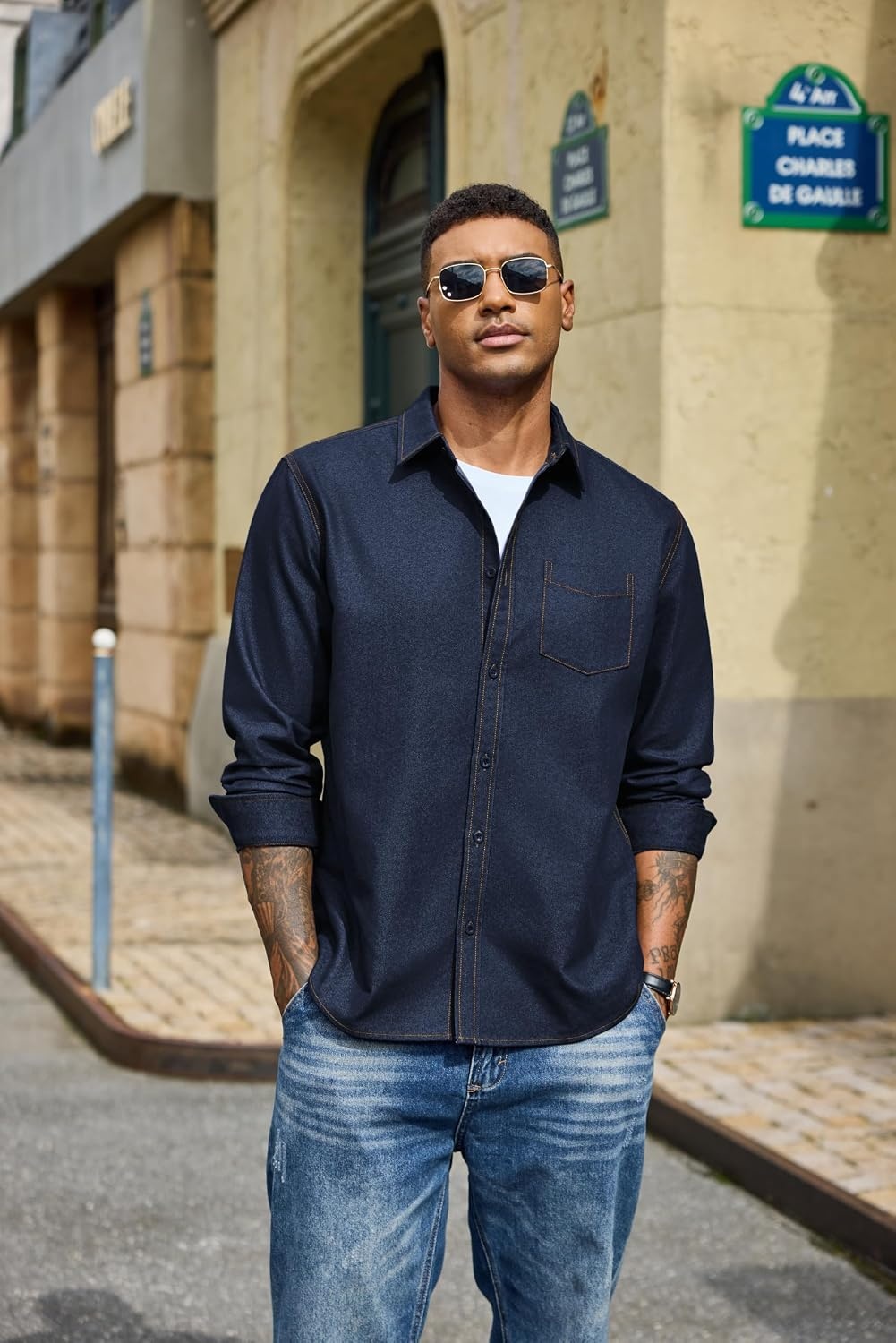 image:imageCOOFANDY Mens Heavyweight Denim Shirt Long Sleeve Button Down Jean JacketDark Indigo