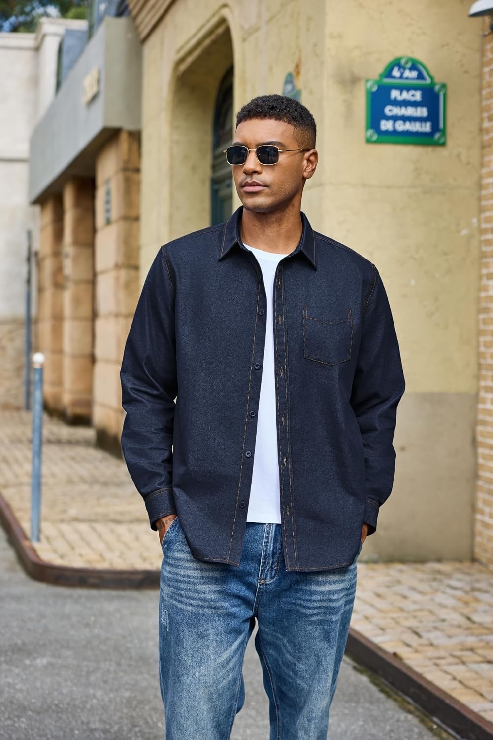 image:imageCOOFANDY Mens Heavyweight Denim Shirt Long Sleeve Button Down Jean JacketDark Indigo