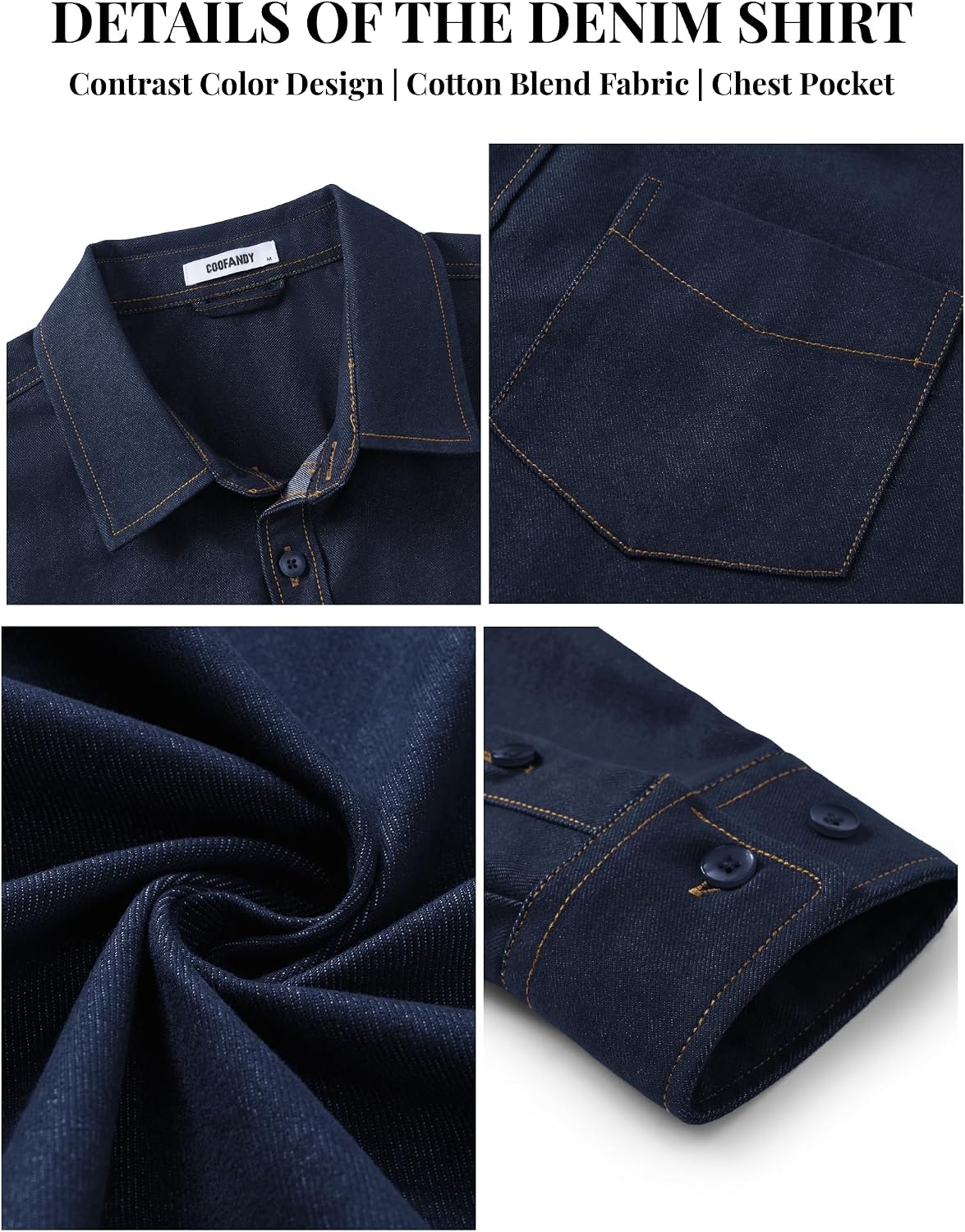 image:imageCOOFANDY Mens Heavyweight Denim Shirt Long Sleeve Button Down Jean JacketDark Indigo