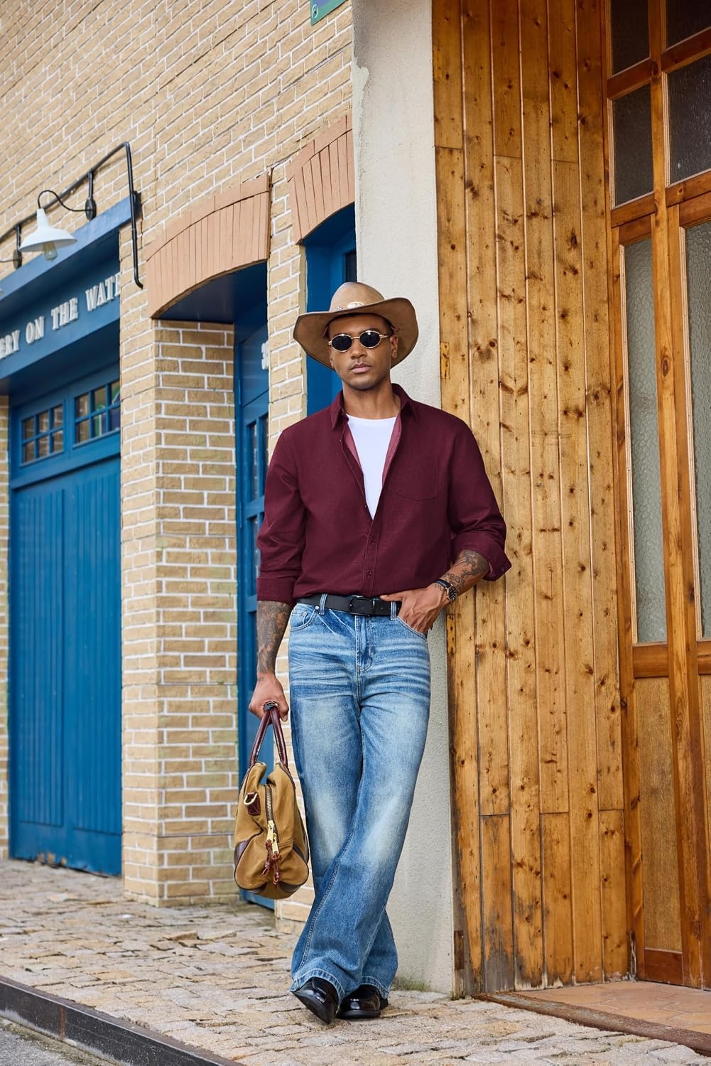 image:imageCOOFANDY Mens Heavyweight Denim Shirt Long Sleeve Button Down Jean JacketDark Red