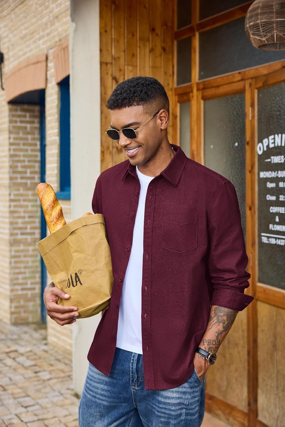 image:imageCOOFANDY Mens Heavyweight Denim Shirt Long Sleeve Button Down Jean JacketDark Red