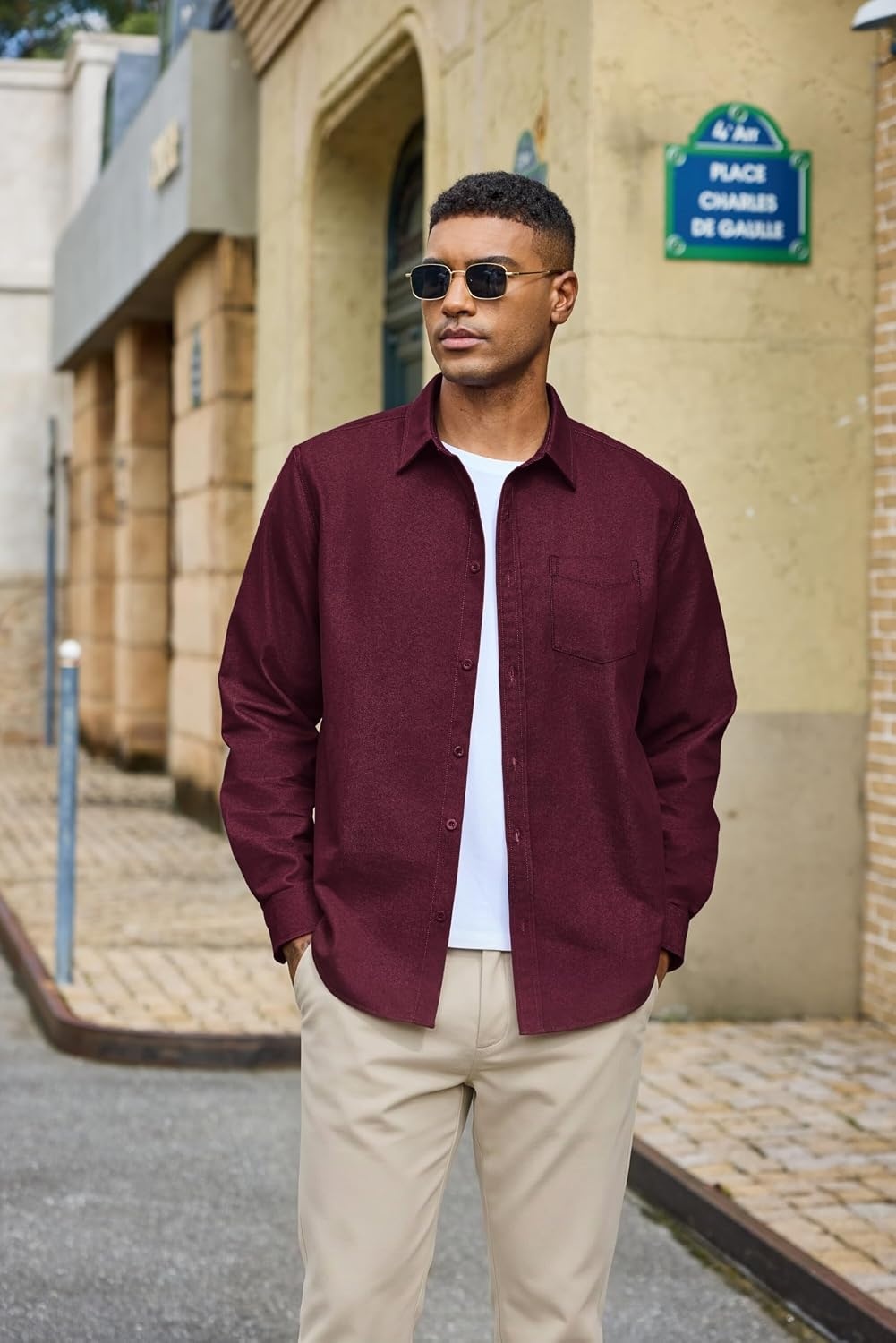 image:imageCOOFANDY Mens Heavyweight Denim Shirt Long Sleeve Button Down Jean JacketDark Red