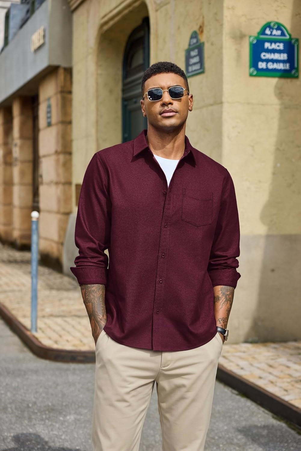 image:imageCOOFANDY Mens Heavyweight Denim Shirt Long Sleeve Button Down Jean JacketDark Red