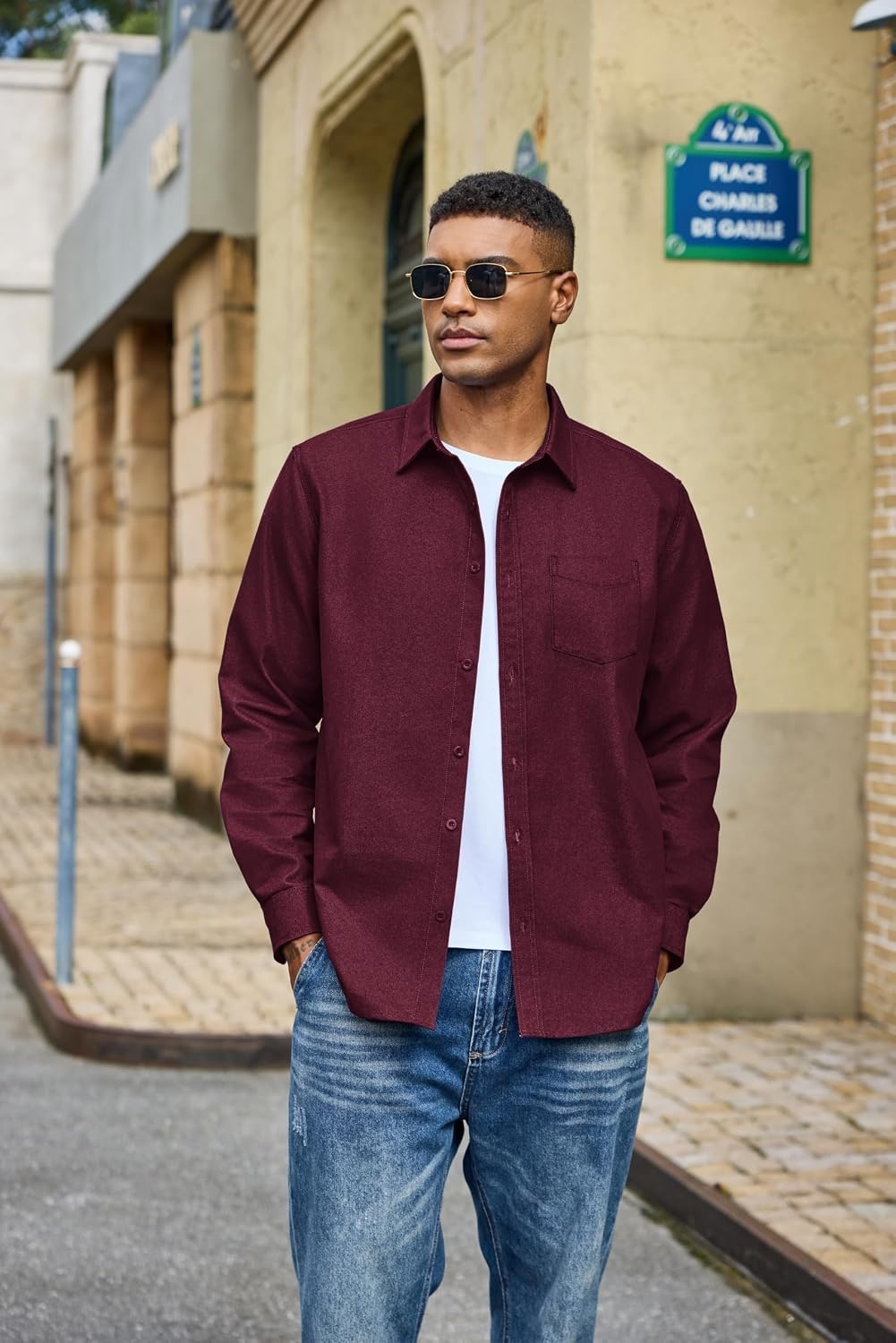 image:imageCOOFANDY Mens Heavyweight Denim Shirt Long Sleeve Button Down Jean JacketDark Red