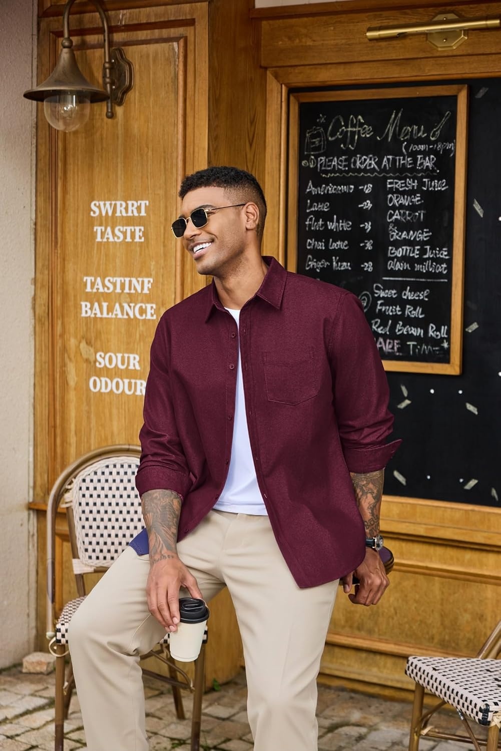 image:imageCOOFANDY Mens Heavyweight Denim Shirt Long Sleeve Button Down Jean JacketDark Red