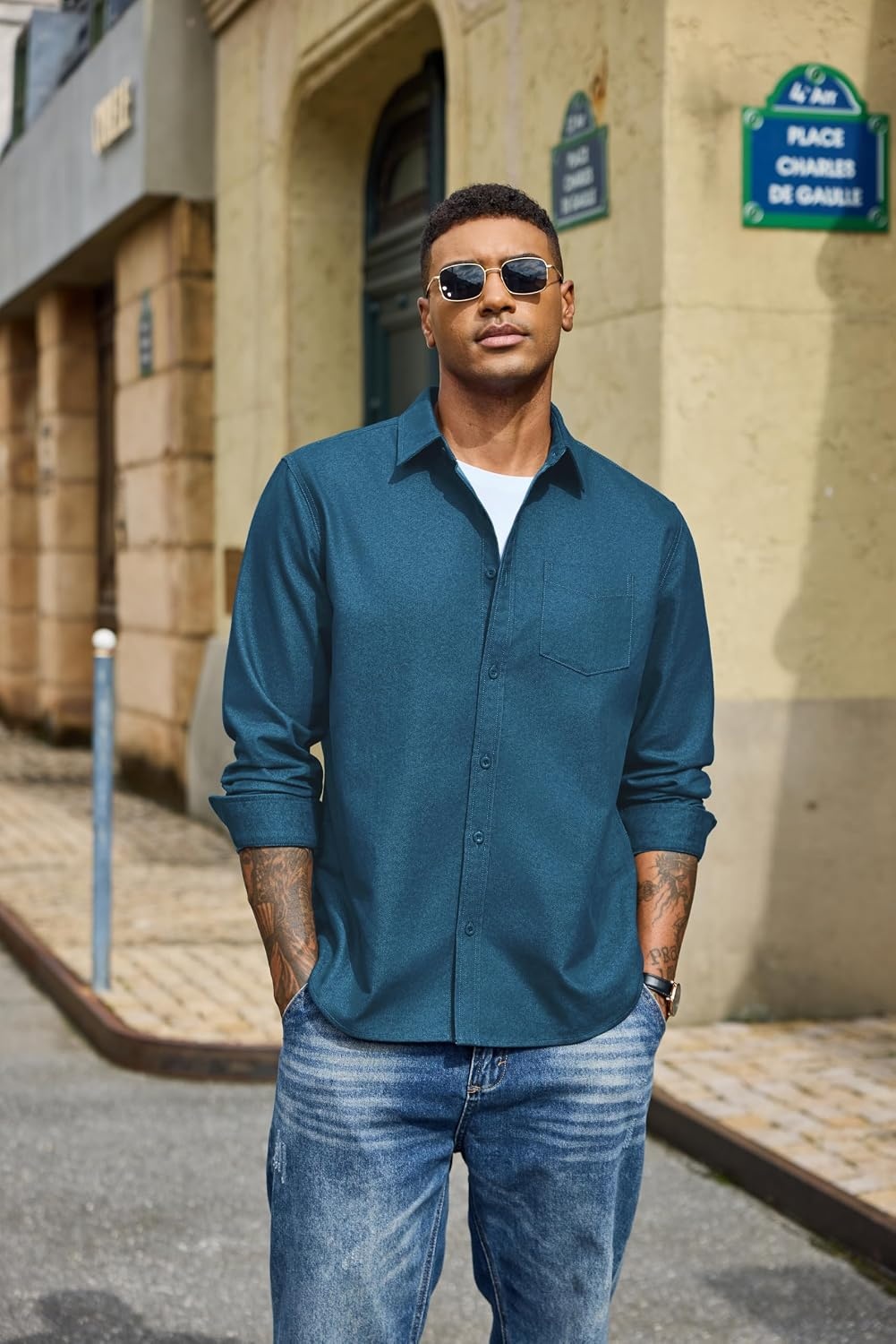 image:imageCOOFANDY Mens Heavyweight Denim Shirt Long Sleeve Button Down Jean JacketDemin Blue