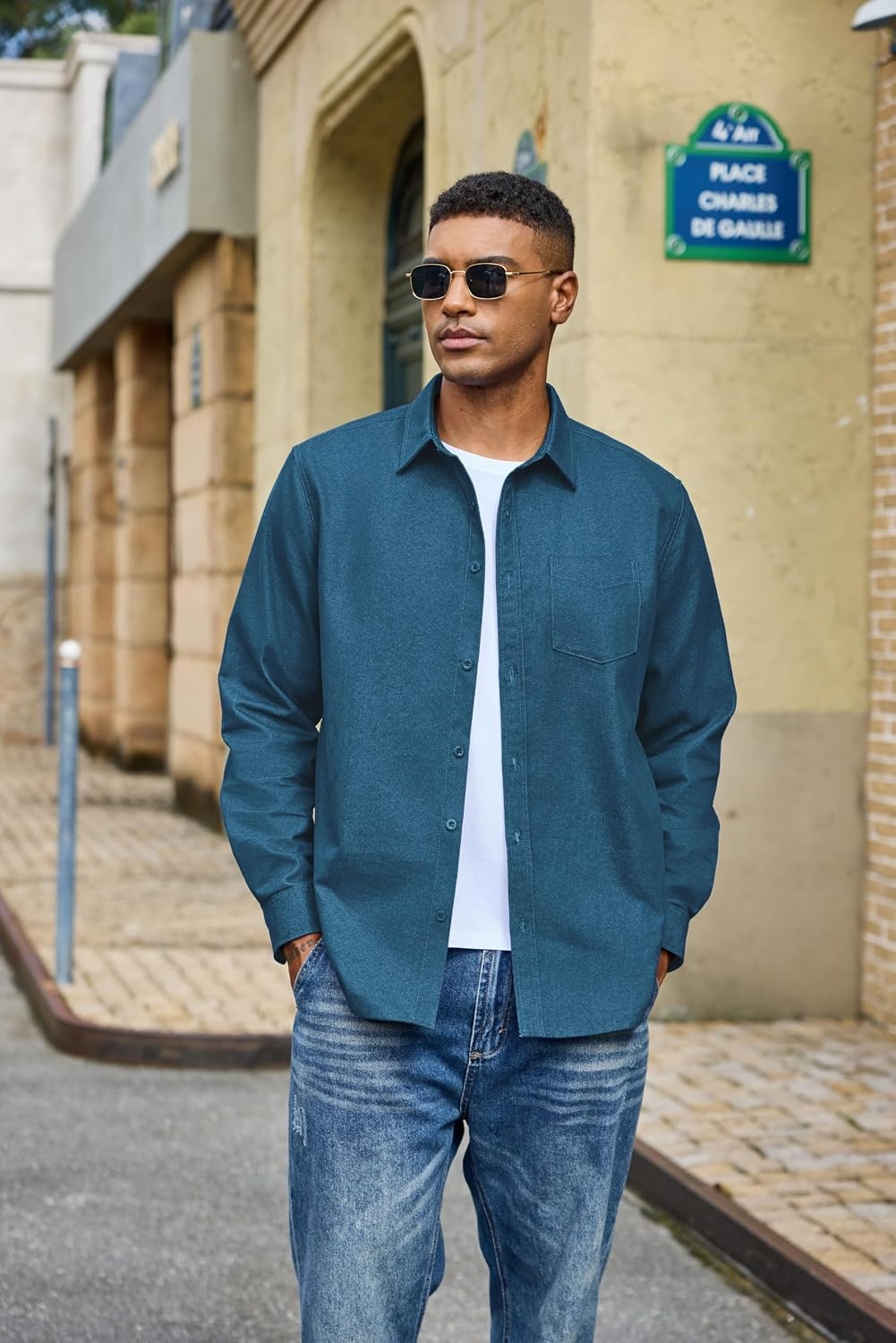 image:imageCOOFANDY Mens Heavyweight Denim Shirt Long Sleeve Button Down Jean JacketDemin Blue