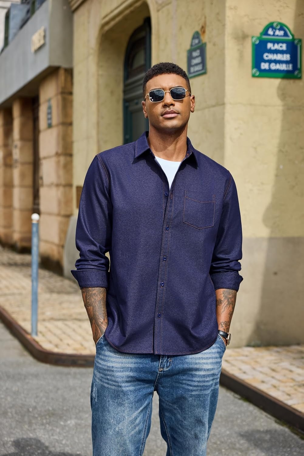image:imageCOOFANDY Mens Heavyweight Denim Shirt Long Sleeve Button Down Jean JacketRaw Denim