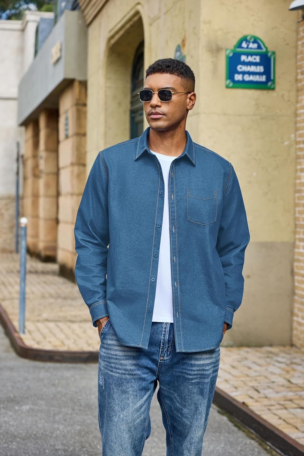 image:imageCOOFANDY Mens Heavyweight Denim Shirt Long Sleeve Button Down Jean JacketSlate Blue