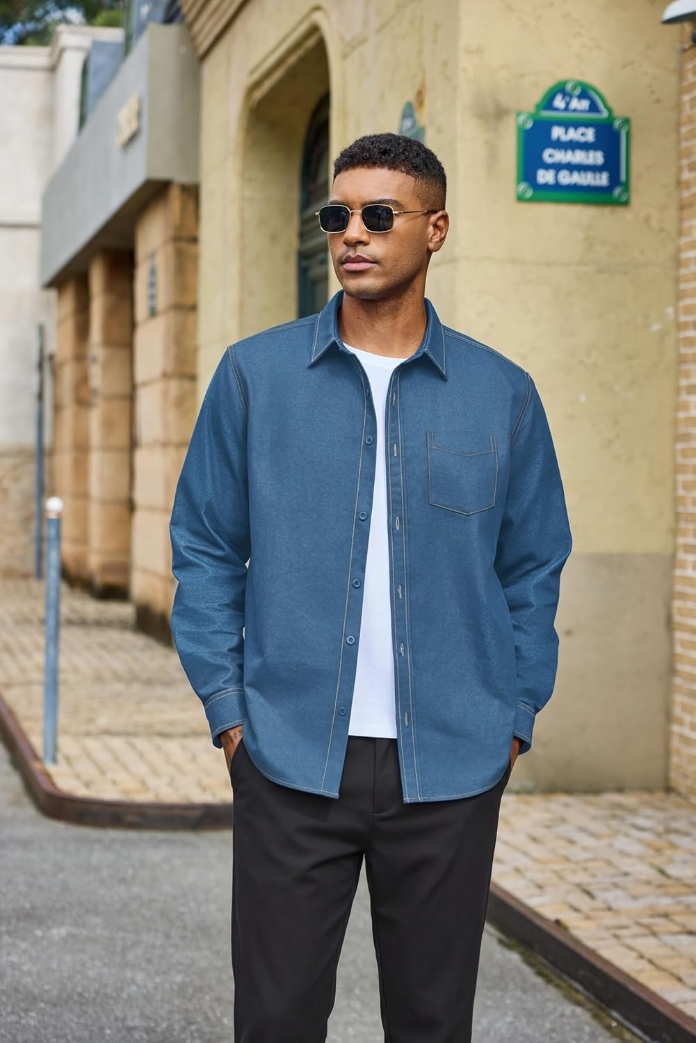image:imageCOOFANDY Mens Heavyweight Denim Shirt Long Sleeve Button Down Jean JacketSlate Blue