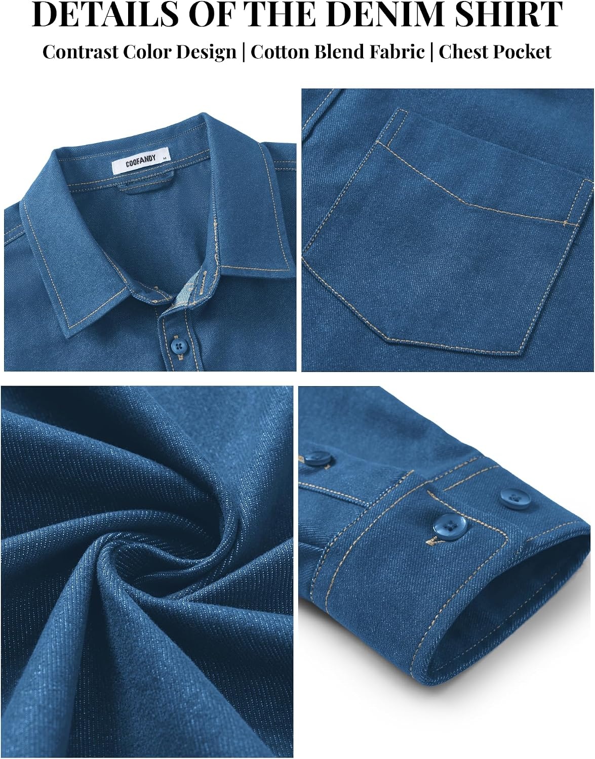 image:imageCOOFANDY Mens Heavyweight Denim Shirt Long Sleeve Button Down Jean JacketSlate Blue