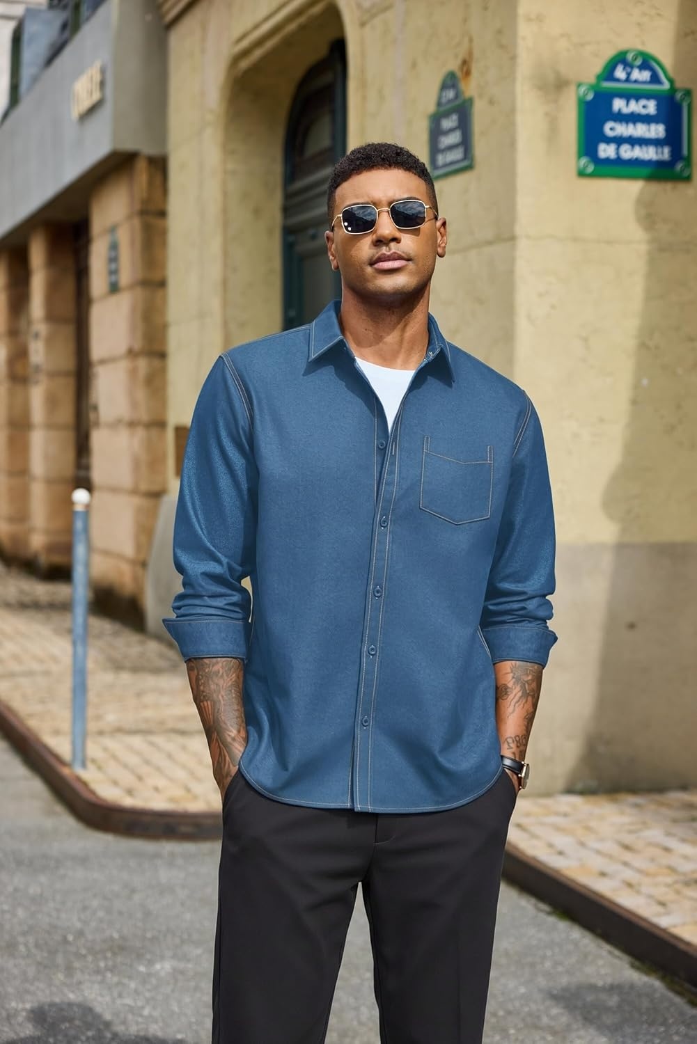 image:imageCOOFANDY Mens Heavyweight Denim Shirt Long Sleeve Button Down Jean JacketSlate Blue