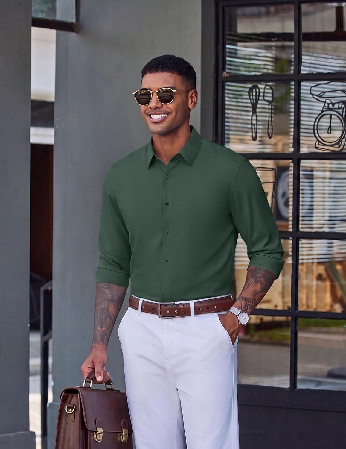 image:imageCOOFANDY Mens Dress Shirt Long Sleeve Wrinkle Free Casual Button Down ShirtArmy Green