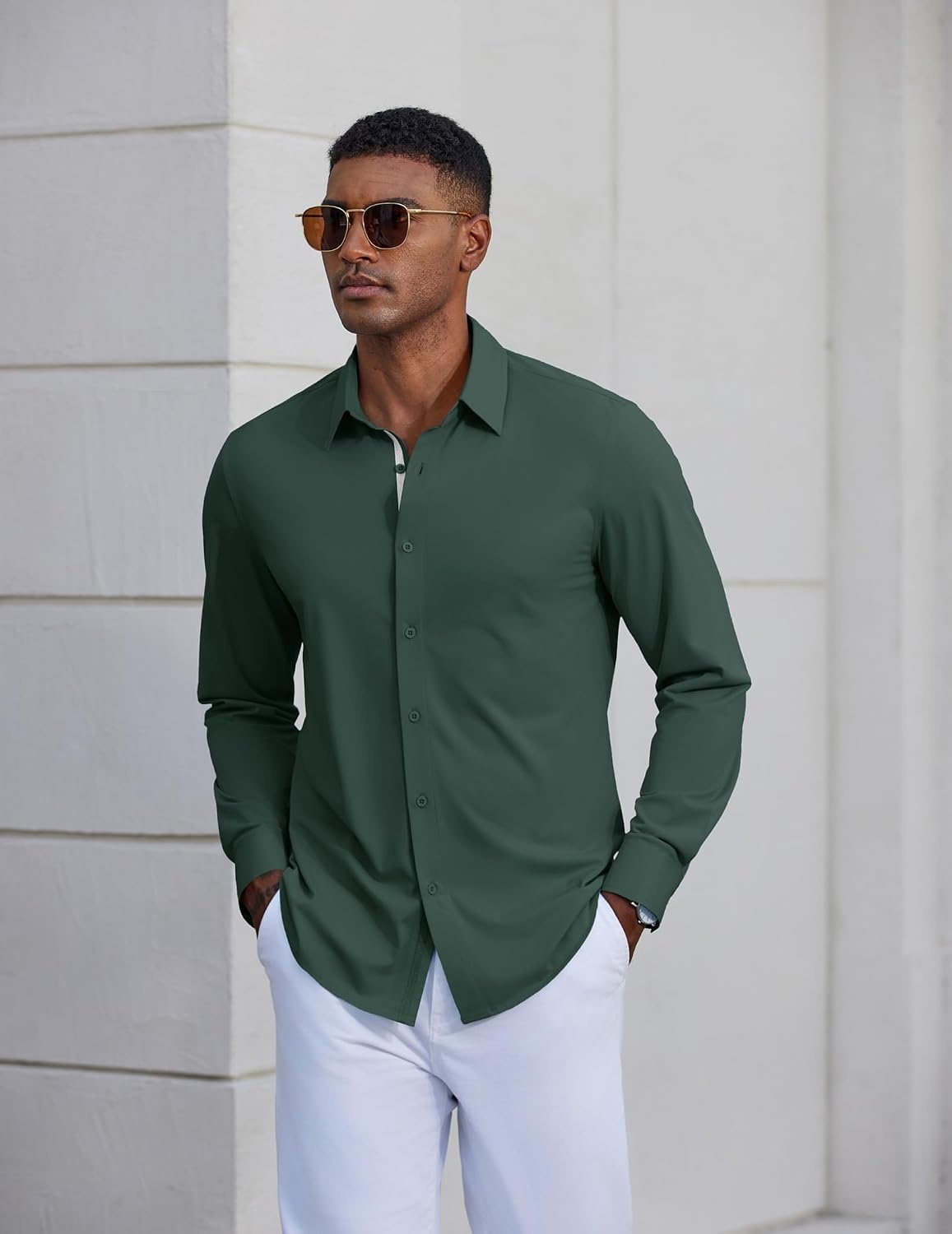 image:imageCOOFANDY Mens Dress Shirt Long Sleeve Wrinkle Free Casual Button Down ShirtArmy Green