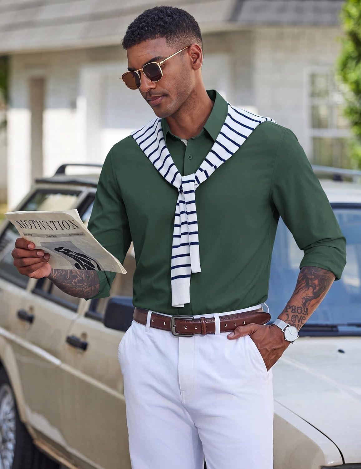 image:imageCOOFANDY Mens Dress Shirt Long Sleeve Wrinkle Free Casual Button Down ShirtArmy Green