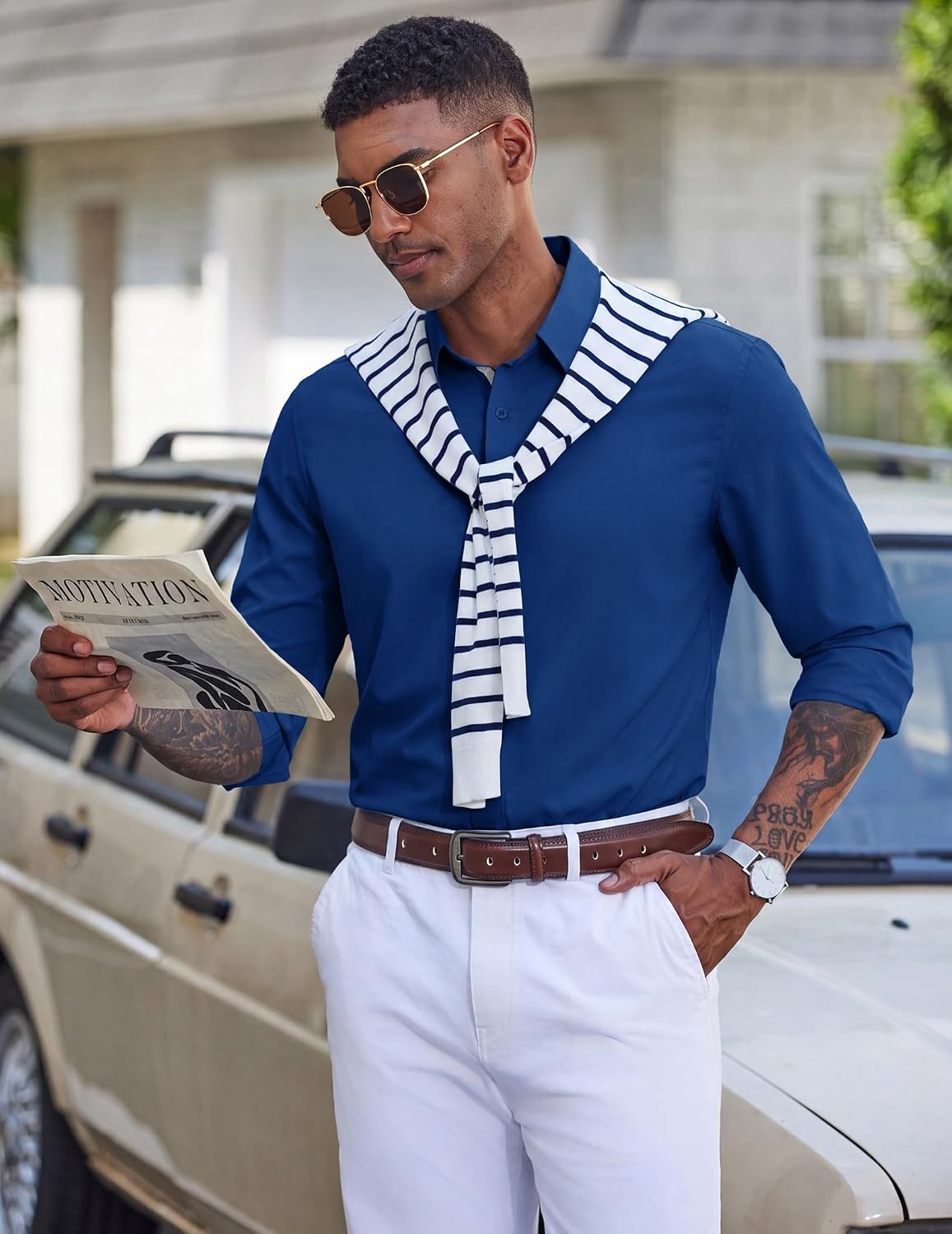 image:imageCOOFANDY Mens Dress Shirt Long Sleeve Wrinkle Free Casual Button Down ShirtDark Blue