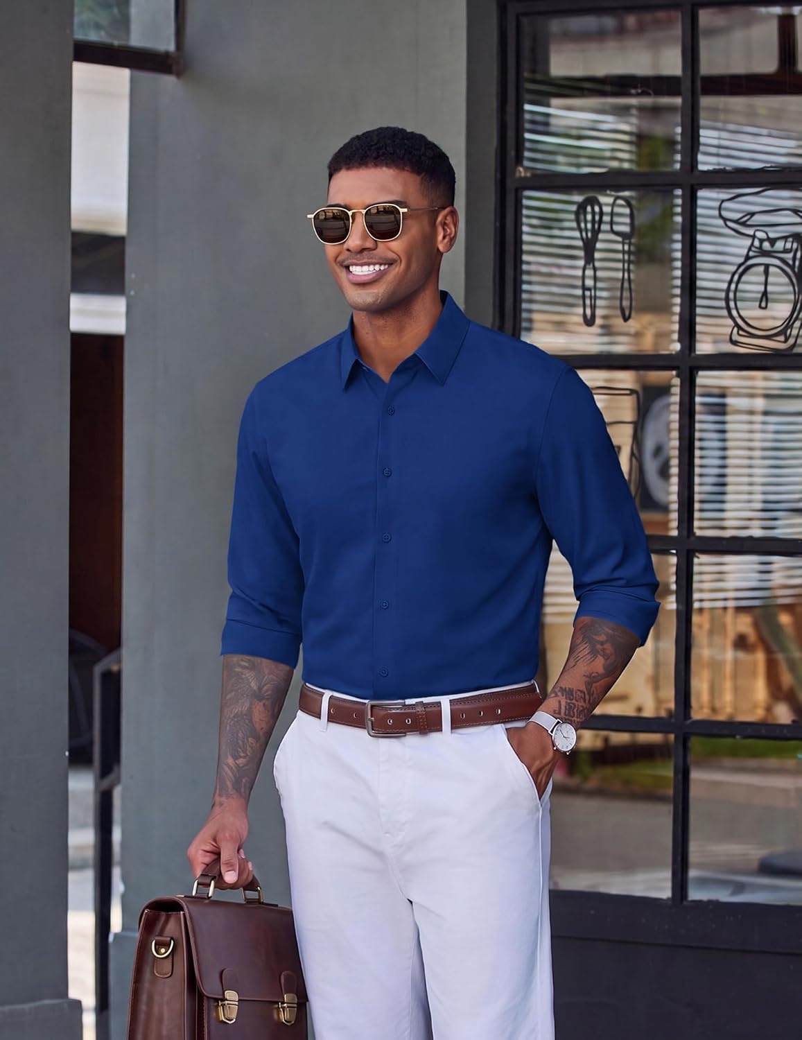 image:imageCOOFANDY Mens Dress Shirt Long Sleeve Wrinkle Free Casual Button Down ShirtDark Blue