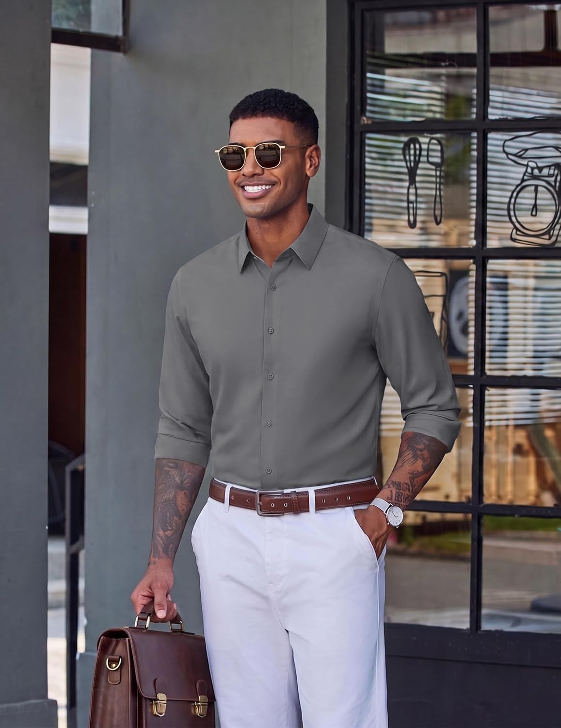 image:imageCOOFANDY Mens Dress Shirt Long Sleeve Wrinkle Free Casual Button Down ShirtDark Grey