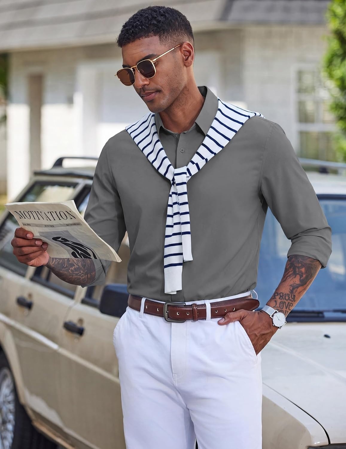 image:imageCOOFANDY Mens Dress Shirt Long Sleeve Wrinkle Free Casual Button Down ShirtDark Grey