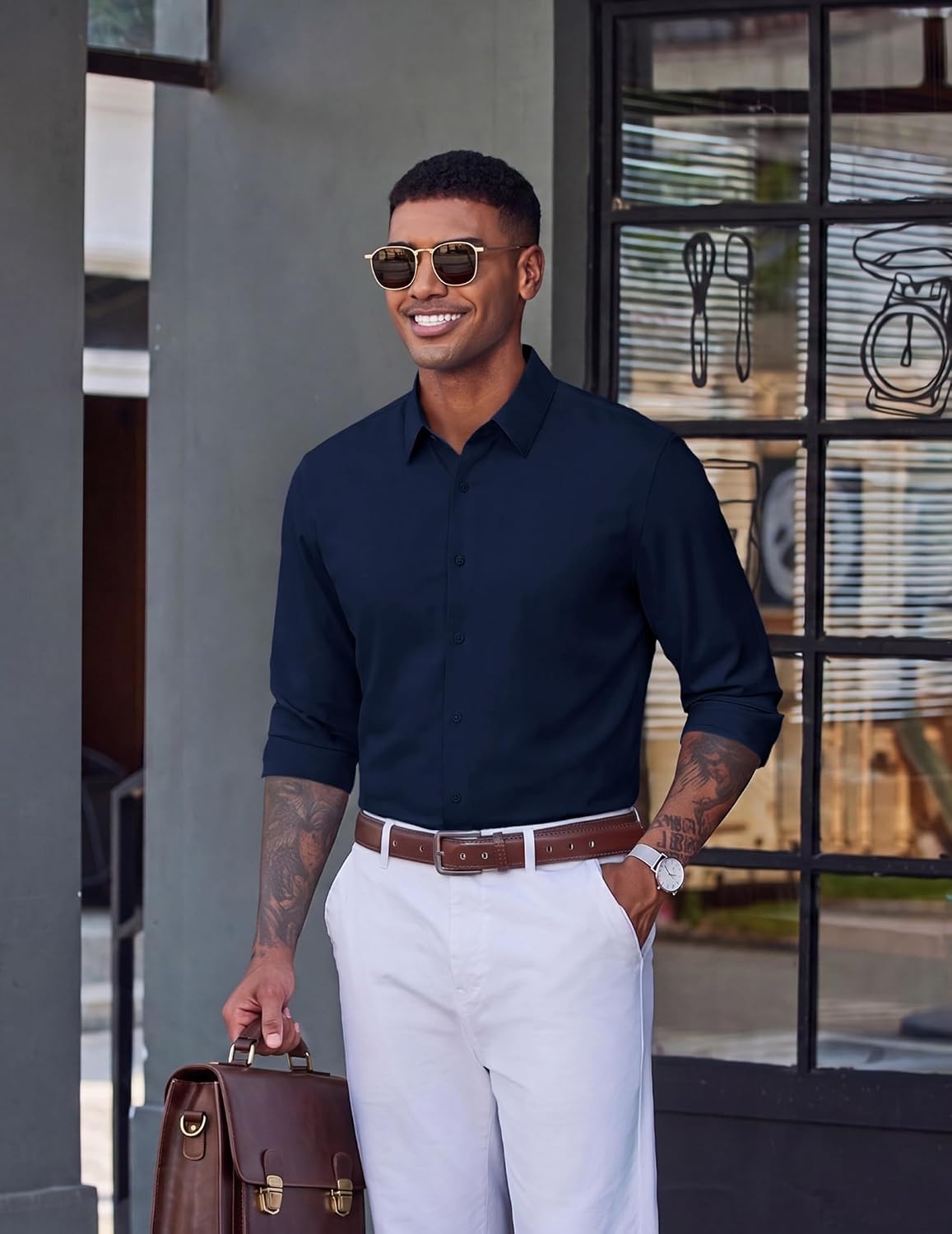 image:imageCOOFANDY Mens Dress Shirt Long Sleeve Wrinkle Free Casual Button Down ShirtNavy Blue