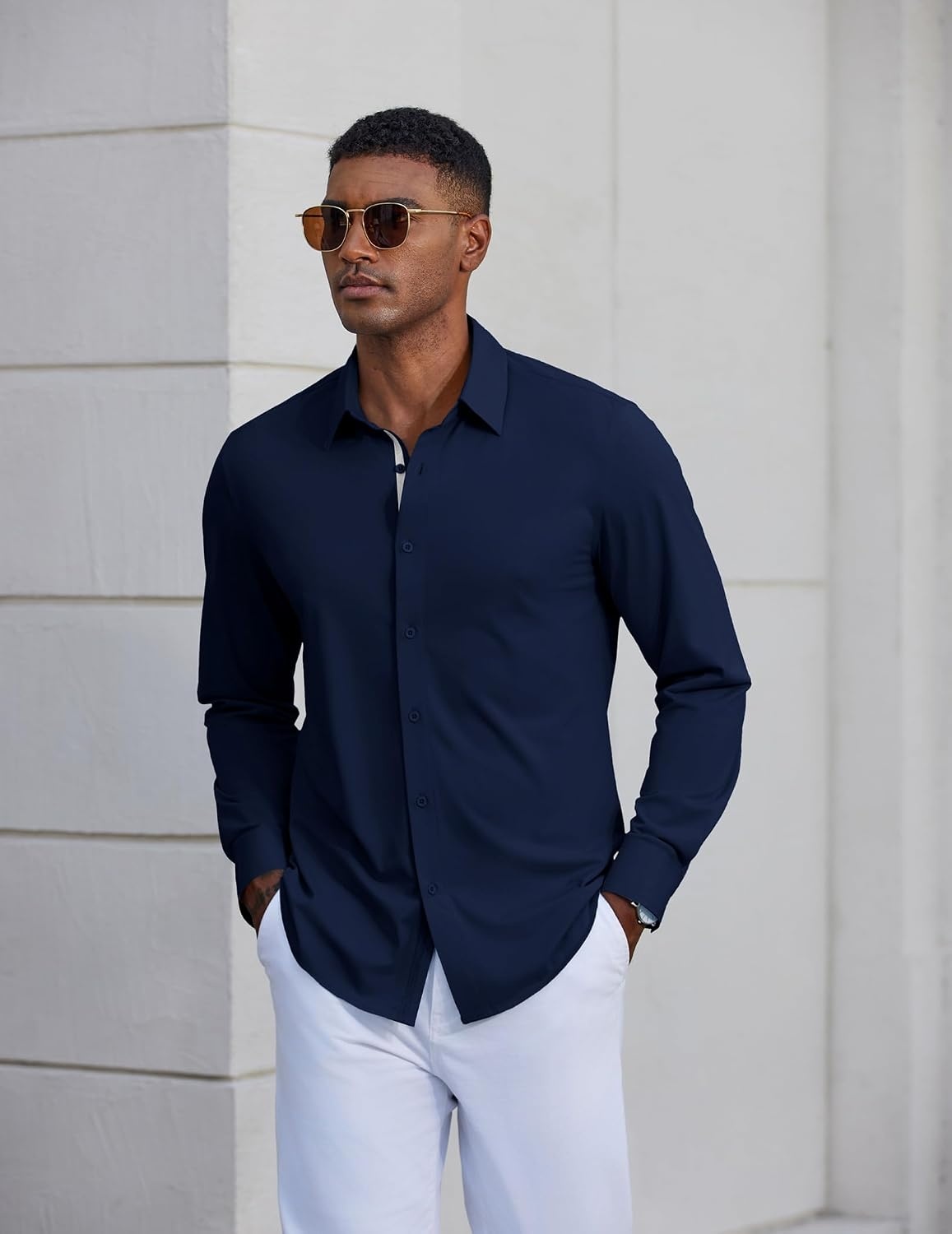 image:imageCOOFANDY Mens Dress Shirt Long Sleeve Wrinkle Free Casual Button Down ShirtNavy Blue