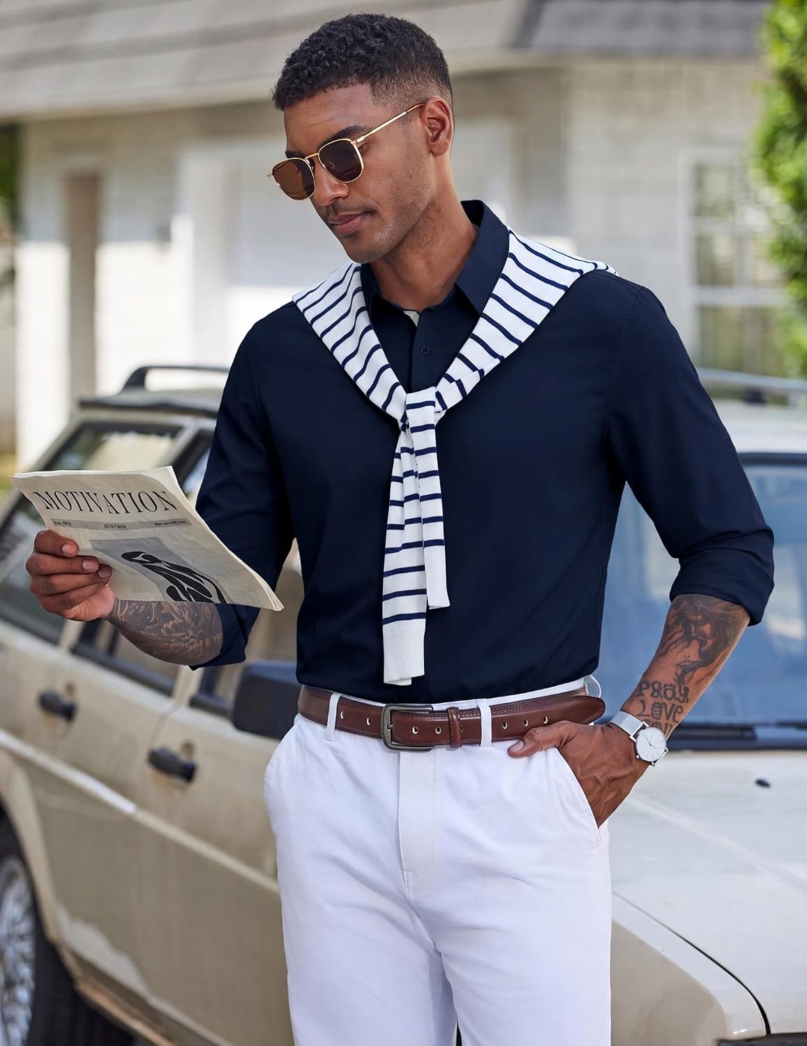 image:imageCOOFANDY Mens Dress Shirt Long Sleeve Wrinkle Free Casual Button Down ShirtNavy Blue