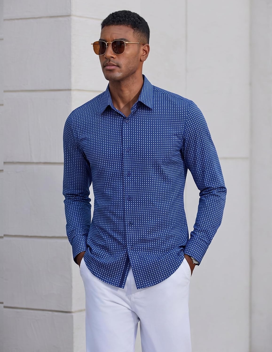 image:imageCOOFANDY Mens Dress Shirt Long Sleeve Wrinkle Free Casual Button Down ShirtWhite Blue Square