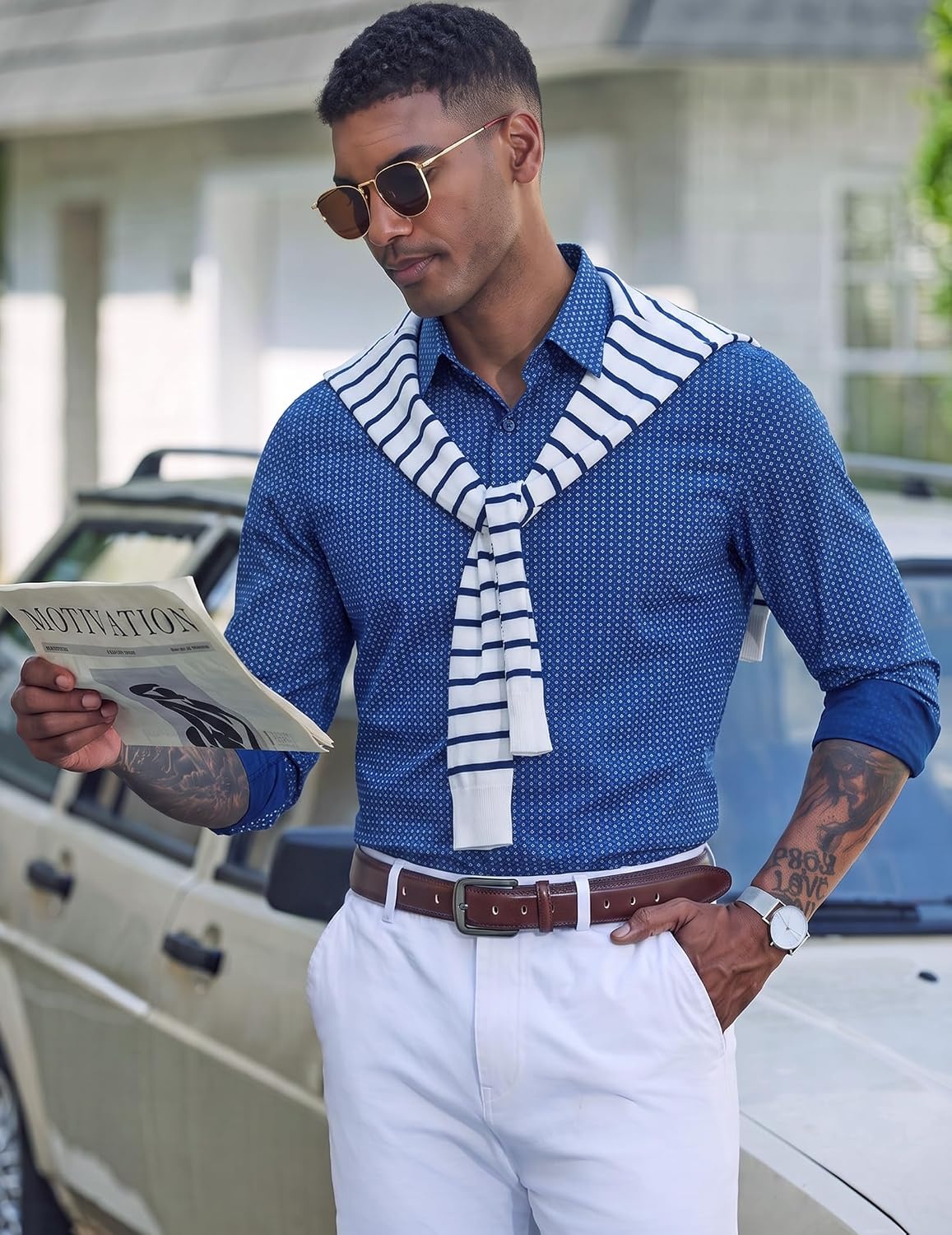 image:imageCOOFANDY Mens Dress Shirt Long Sleeve Wrinkle Free Casual Button Down ShirtWhite Blue Square