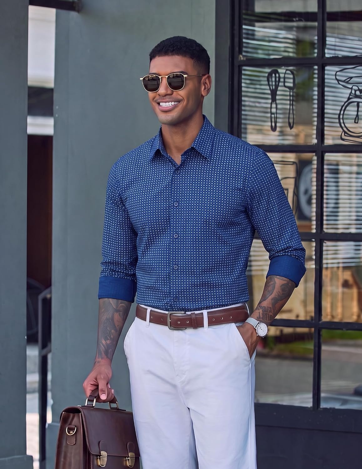 image:imageCOOFANDY Mens Dress Shirt Long Sleeve Wrinkle Free Casual Button Down ShirtWhite Blue Square