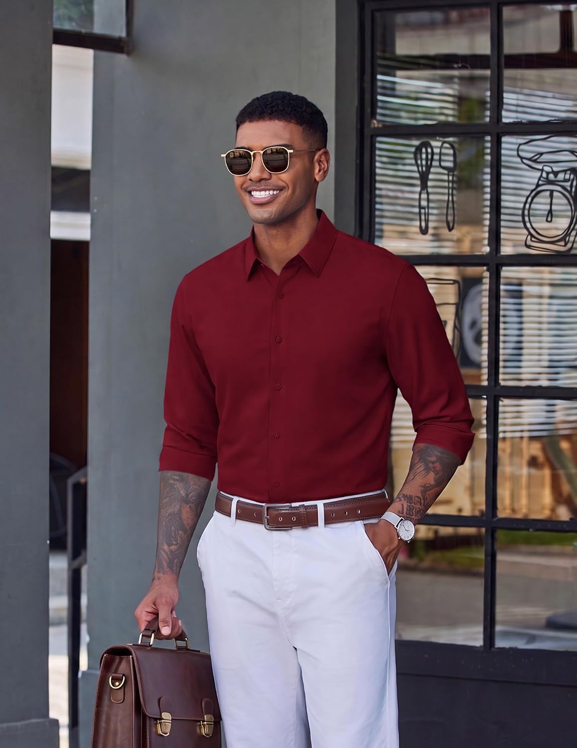 image:imageCOOFANDY Mens Dress Shirt Long Sleeve Wrinkle Free Casual Button Down ShirtWine Red