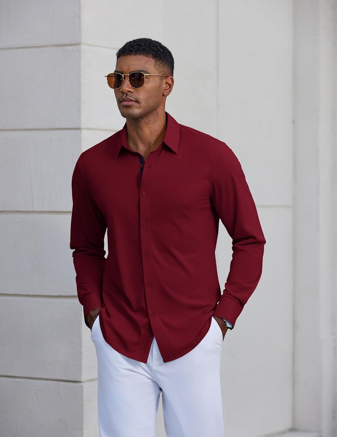 image:imageCOOFANDY Mens Dress Shirt Long Sleeve Wrinkle Free Casual Button Down ShirtWine Red