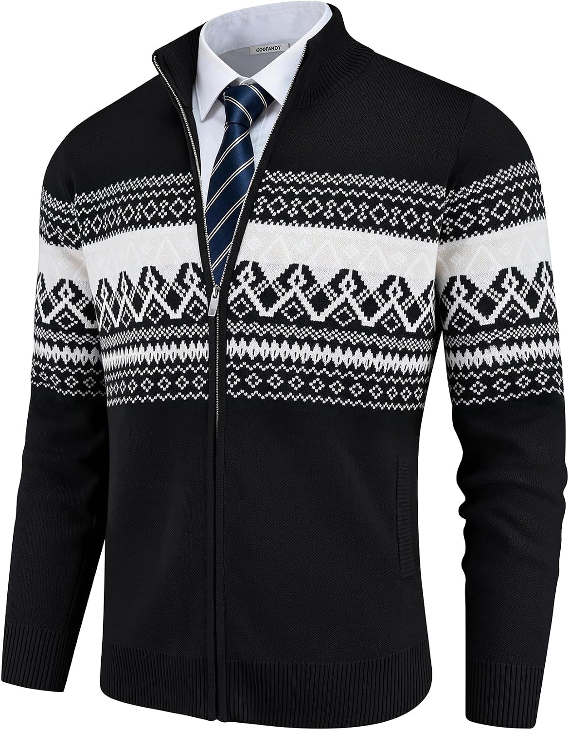 image:imageCOOFANDY Mens Full Zip Cardigan Sweaters Mock Neck Knitwear with PatternBlack Fair Isle
