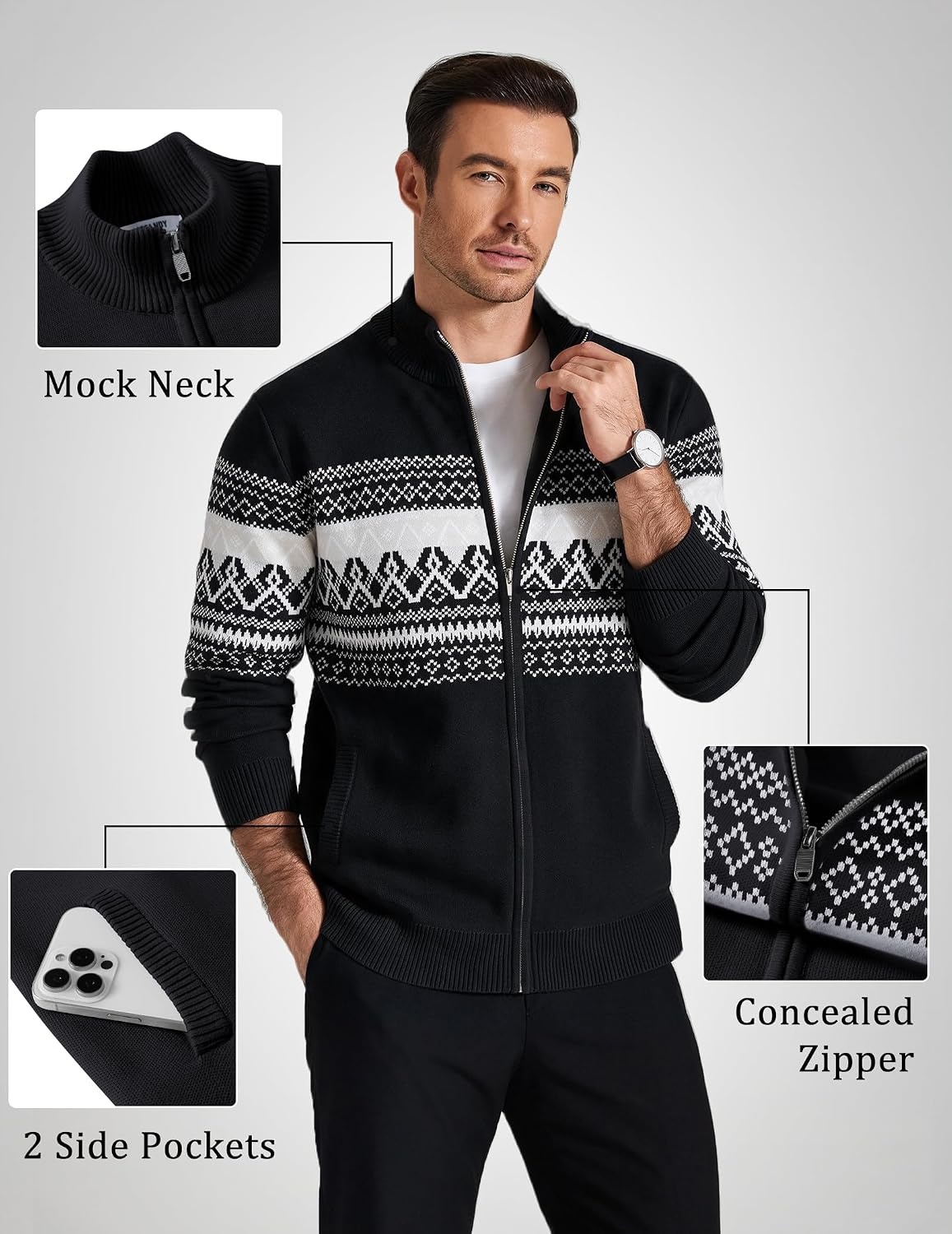 image:imageCOOFANDY Mens Full Zip Cardigan Sweaters Mock Neck Knitwear with PatternBlack Fair Isle