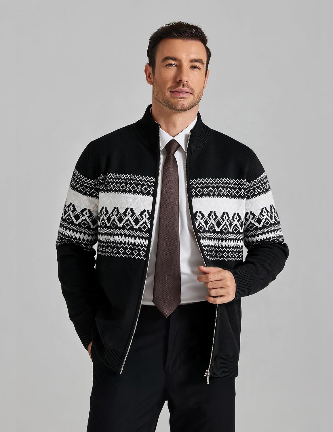 image:imageCOOFANDY Mens Full Zip Cardigan Sweaters Mock Neck Knitwear with PatternBlack Fair Isle