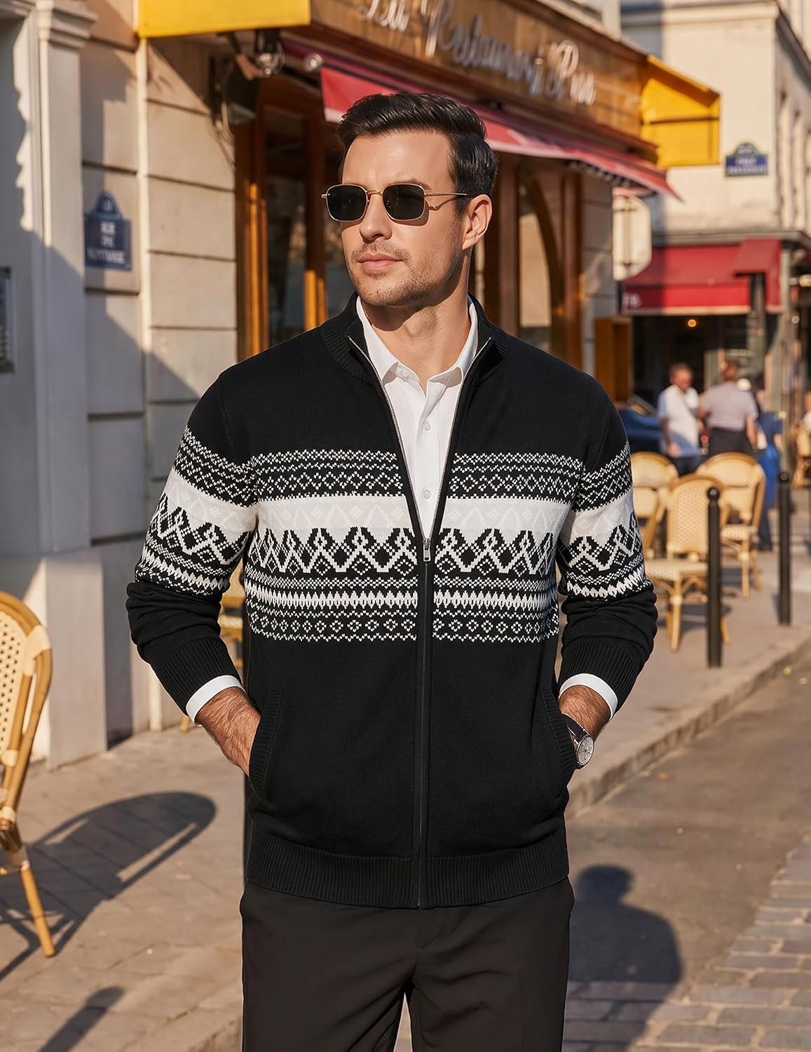 image:imageCOOFANDY Mens Full Zip Cardigan Sweaters Mock Neck Knitwear with PatternBlack Fair Isle